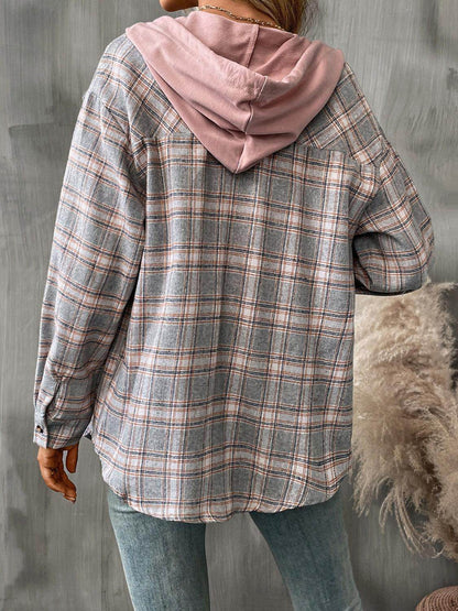 Plaid Long Sleeve Hooded Jacket for Women with Pockets