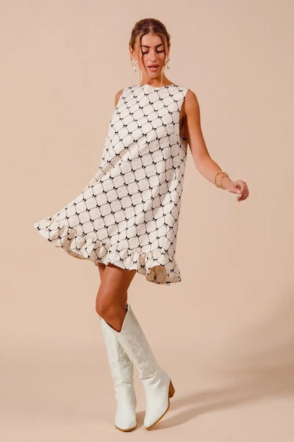 SO ME Texture Bow Printed Mini Ruffle Dress