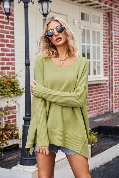 Slit V-Neck Dropped Shoulder Sweater for Effortless Style