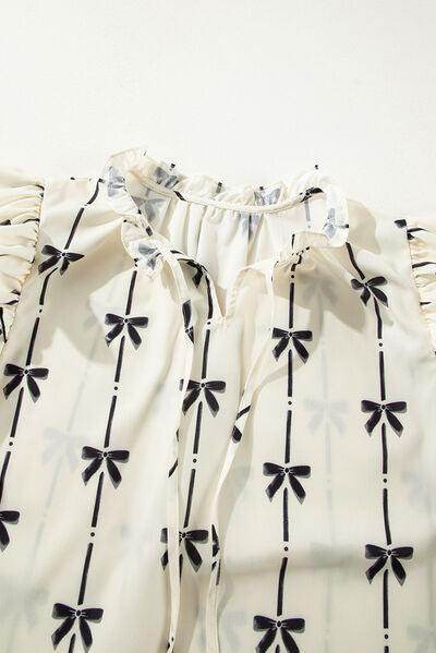 Bow Print Tie Neck Short Sleeve Blouse for Women