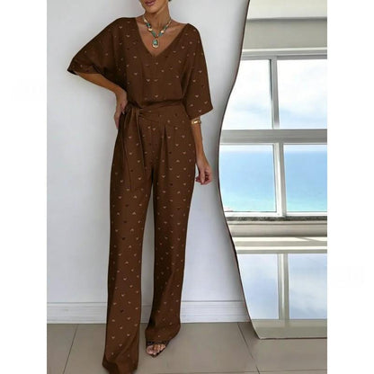 Solid-color V-neck Casual Mid-length Sleeve Dress With Belt
