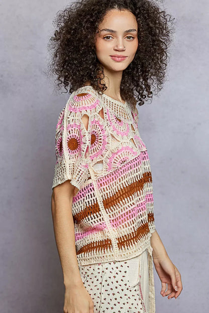 Weave Pattern Short Sleeve Crochet Top with Border Accents