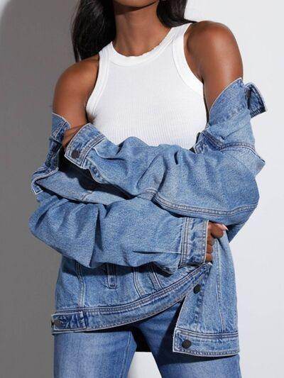 Button Up Collared Neck Denim Jacket for Women Fashion