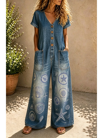 Buttoned Pockets Comfortable Short Sleeves Casual One-piece Wide-leg Jumpsuit