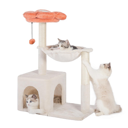 Pawfessor Flower Cat Tree 4 in 1 Cat Scratching Post for Indoor Cats 34" Small Cat Tower for Large Cats with Cat Scratch Posts15.7”Large Hammock Removable Perch and Wide Condo for Indoor Cats-Beige