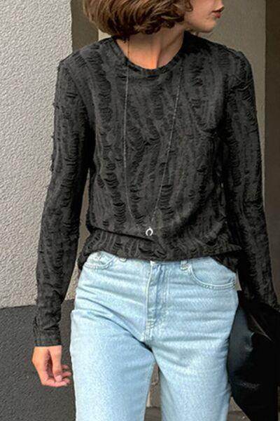 Distressed Round Neck Long Sleeve Blouse for Women Stylish