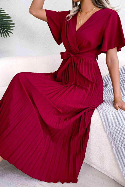 Pleated Flutter Sleeve Belted Dress for Casual Wear