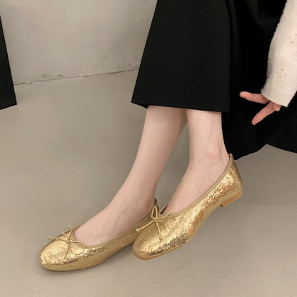 Shiny Gold Sequin Ballerina Flats, Casual Comfortable Flat Shoes For Women