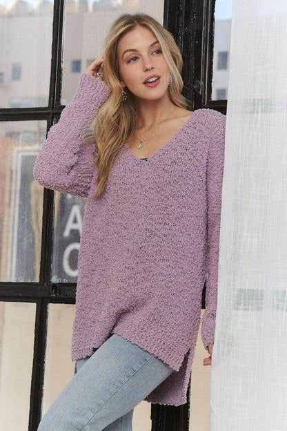 ADORA High-Low Side Slit V-Neck Sweater for Women