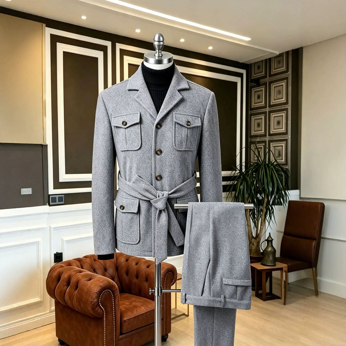 Mens Lapel Single-breasted Waist-cinched Coat With Multiple Pockets