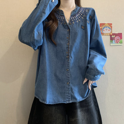 Retro Ethnic-Style Embroidered Denim Shirt For Women