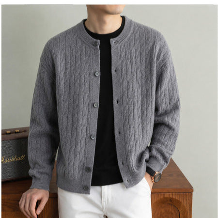 Men's Round-Neck Cable-Knit Cardigan Solid-Color Single-Breasted Sweater Coat