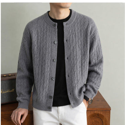 Men's Round-Neck Cable-Knit Cardigan Solid-Color Single-Breasted Sweater Coat