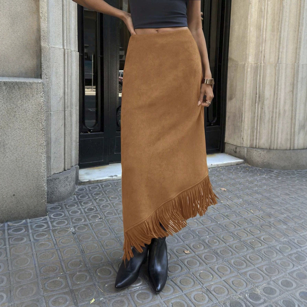 Fringe Asymmetrical Long Skirt For Women