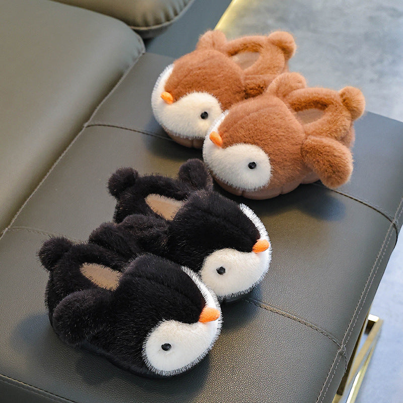 Warm Fleece-lined Fluffy Penguin Cotton Slippers For Boys And Girls