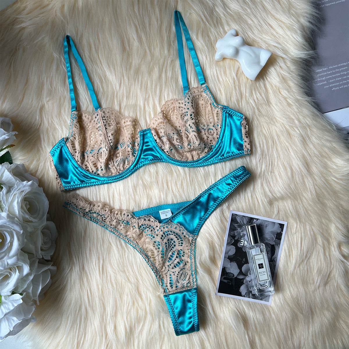 Color Matching Lace Mesh Suit See-through Two-piece Set For Women