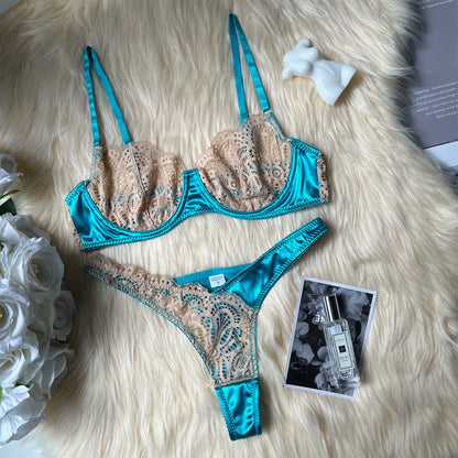 Color Matching Lace Mesh Suit See-through Two-piece Set For Women