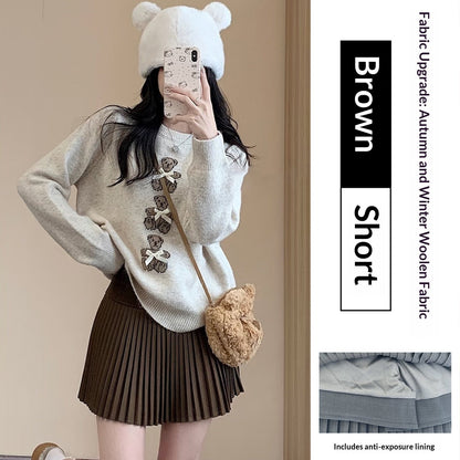 Woolen Slim Pleated Skirt For Women