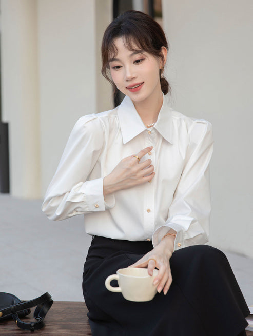 French-style Elegant White Womens Blouse