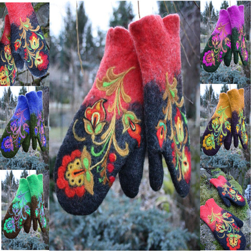 Thickened Color-block Embroidered Winter Warm Gloves For Women
