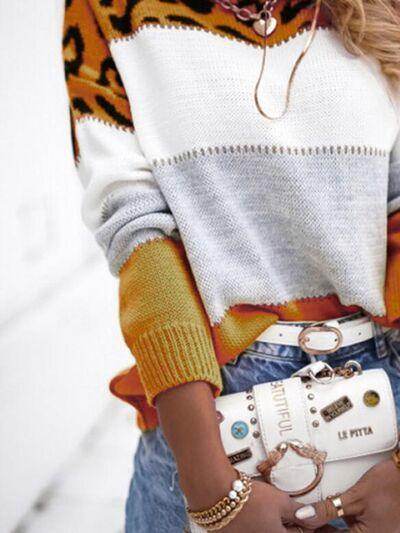 Leopard Color Block Round Neck Long Sleeve Sweater for Women
