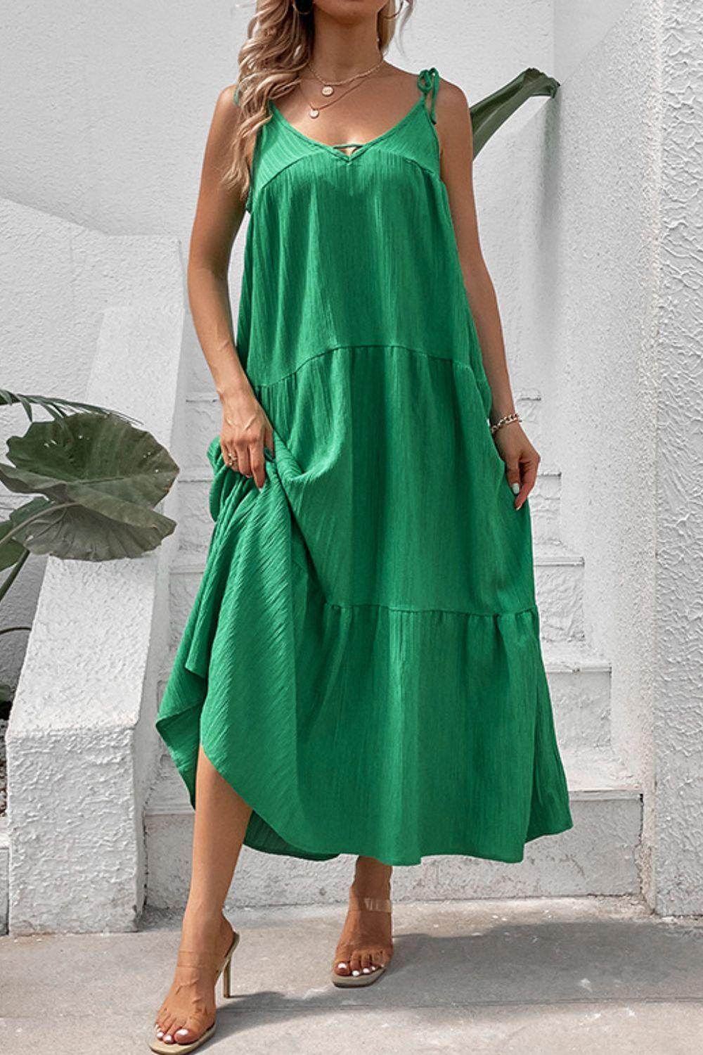 Perfee Tie-Shoulder Tiered Maxi Dress for Vacation Wear