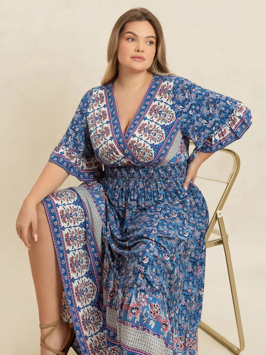 Plus Size Printed Surplice Half Sleeve Dress