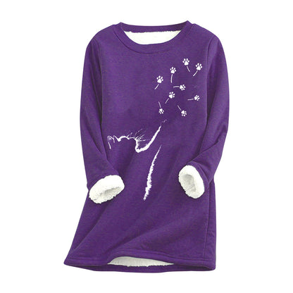 Womens Cat-Paw Print Fluffy Crew-Neck Sweatshirt