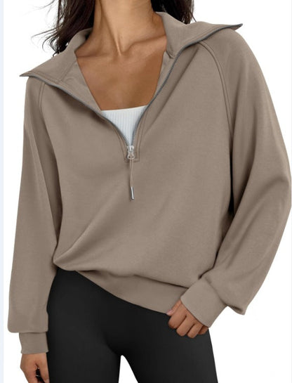 Women's Short Stand-collar Half-zip Fleece-lined Solid-color Sweatshirt