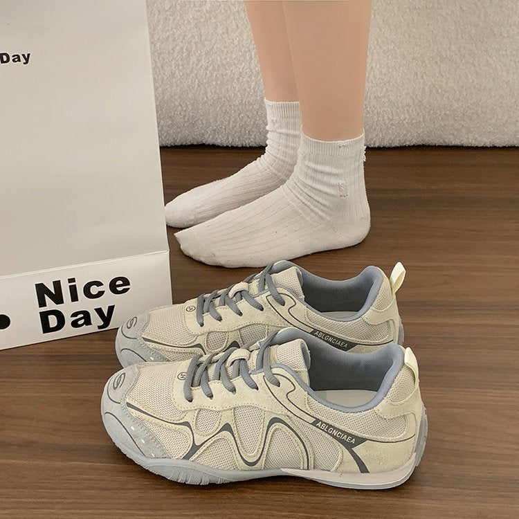 Women Curved Patchwork Mesh Retro Sneakers, Breathable Light Weight Lace Up Flat Sole Daily Walking Casual Trainers