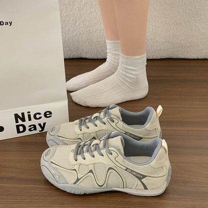 Women Curved Patchwork Mesh Retro Sneakers, Breathable Light Weight Lace Up Flat Sole Daily Walking Casual Trainers