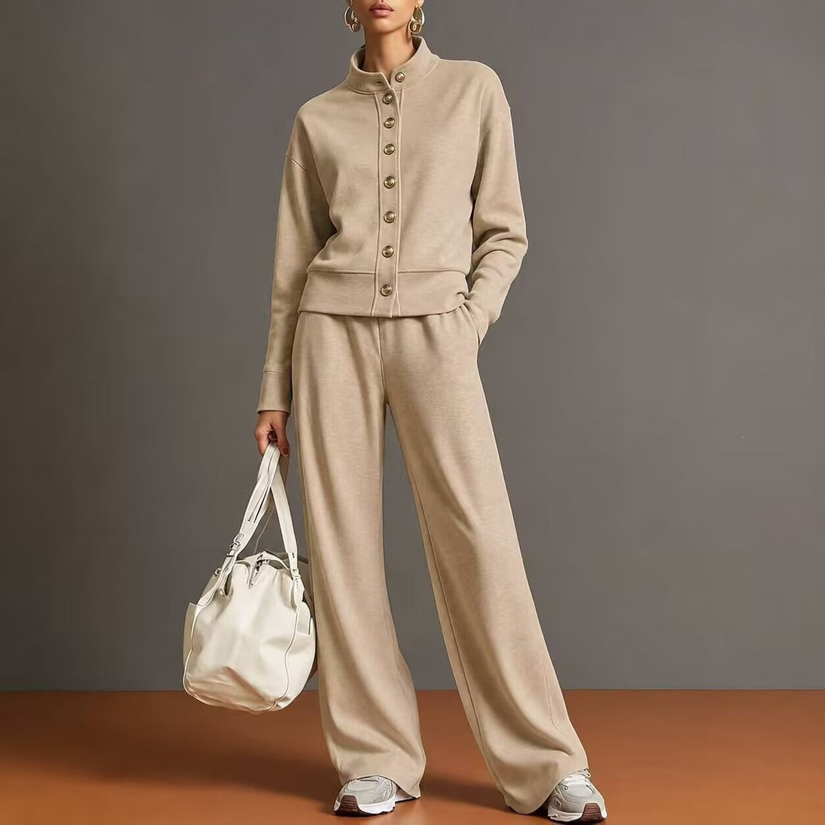 Stand-collar Cardigan And Wide-leg Pants Set