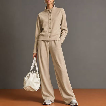 Stand-collar Cardigan And Wide-leg Pants Set