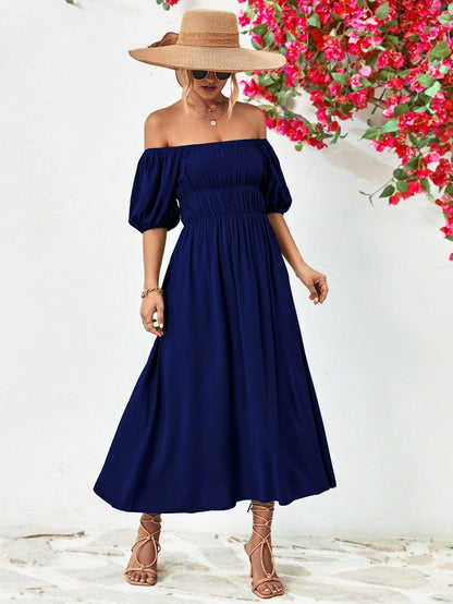 Off-Shoulder Balloon Sleeve Midi Dress for Chic Style