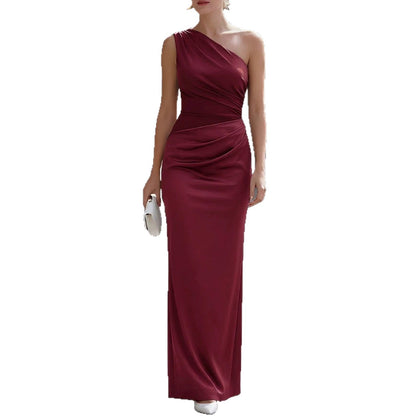 European And American Womens Solid-color Satin Sheath Evening Gown High-waisted Sleeveless For Banquets