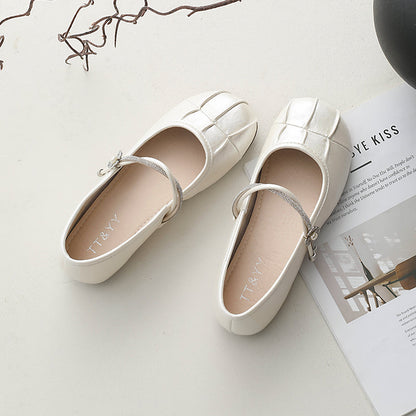 Women Elegant Tiny Rhinestone Flower Thin Single Strap Flats, Round Toe Shiny Metallic Soft PU Matching Casual Daily Doll
