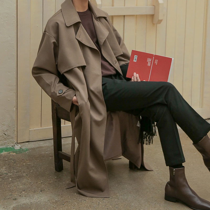 Double Breasted Trench Coat Men Mid Length Loose