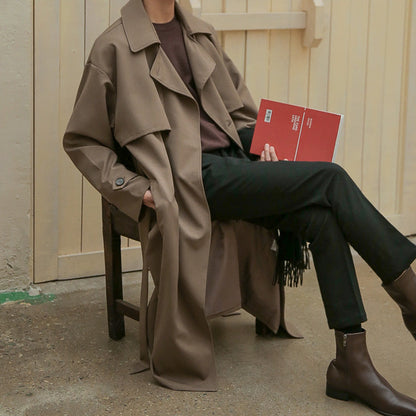 Double Breasted Trench Coat Men Mid Length Loose