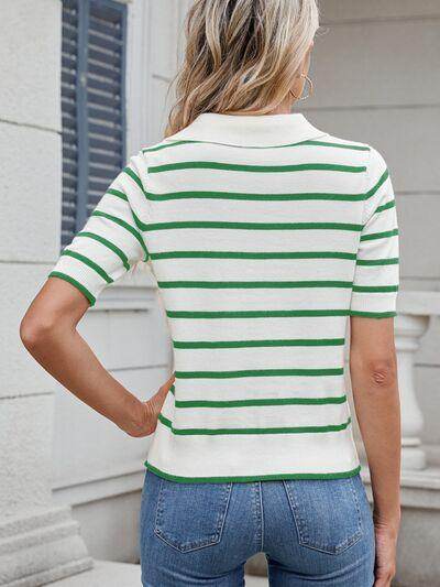 Striped Johnny Collar Short Sleeve Sweater for Women