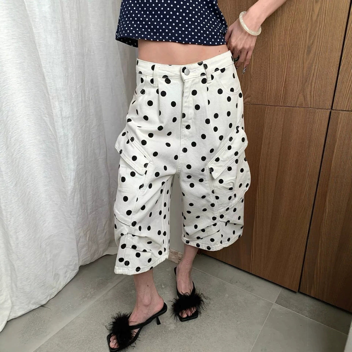American-style Vintage White Polka-dot Work Pants