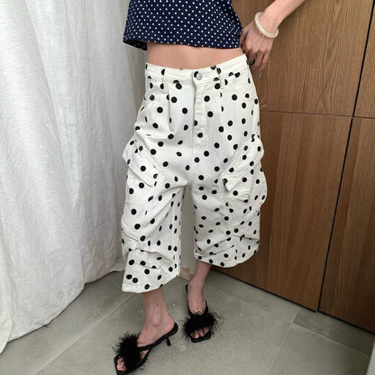 American-style Vintage White Polka-dot Work Pants