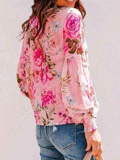 Smocked Printed Round Neck Lantern Sleeve Blouse for Women