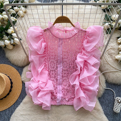 Lace Sleeveless Top With Ruffled Paneling And Hollowed-Out Details