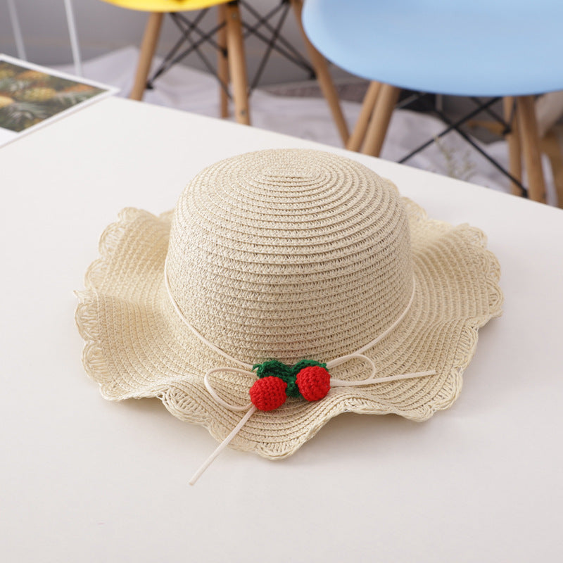 Girl Cherry Straw Hat Bag Set Princess Hat Beach Hat Sun Hat