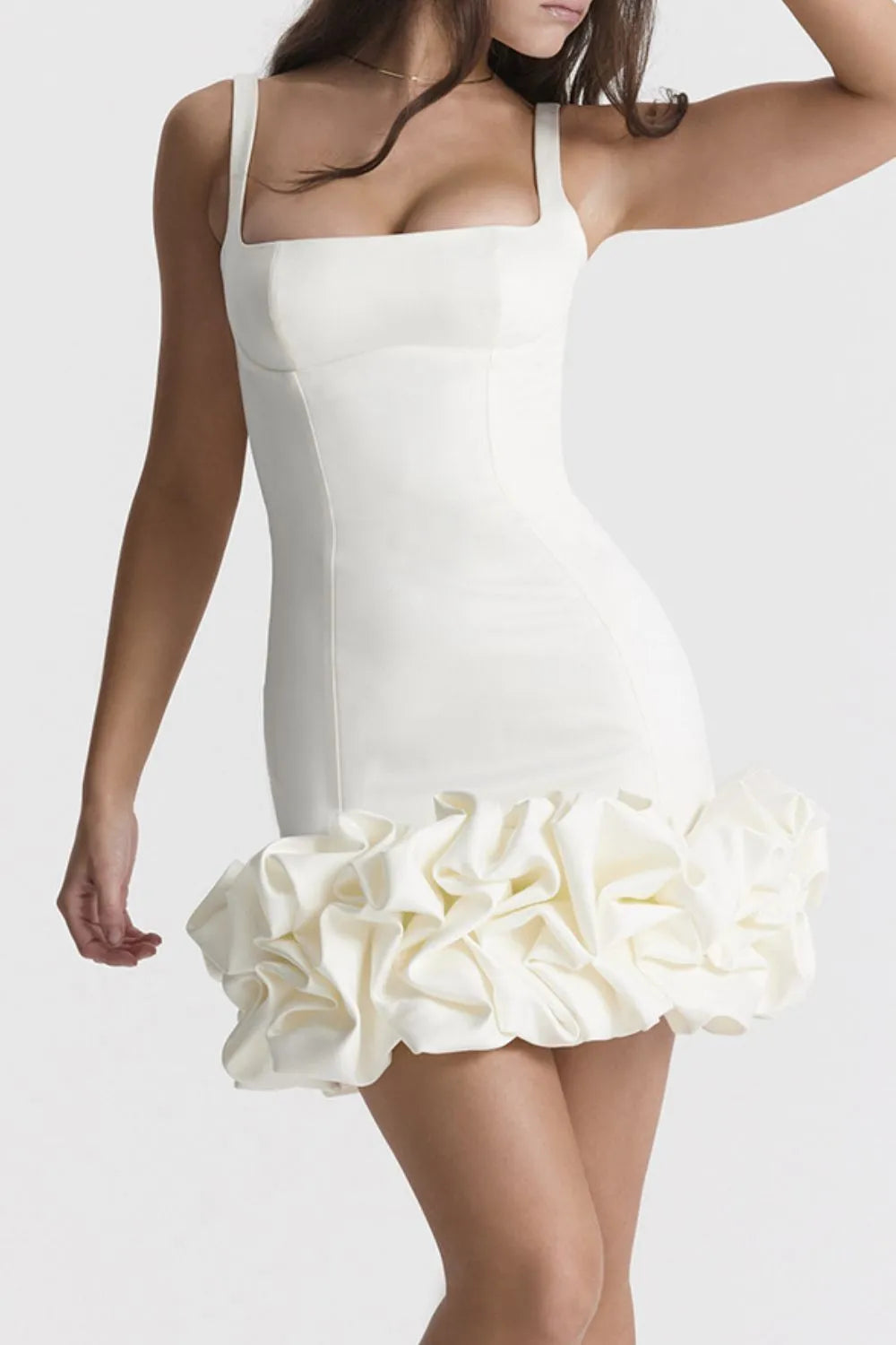 Ruched Square Neck Sleeve Mini Dress