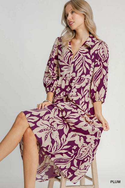 Umgee Floral Print Tiered Midi Dress