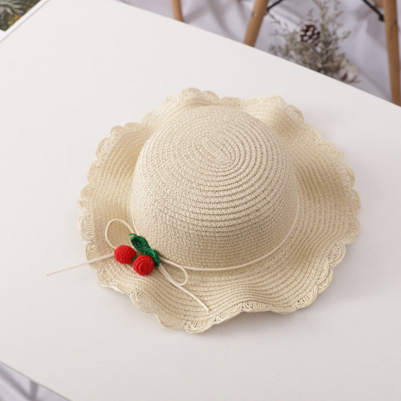 Girl Cherry Straw Hat Bag Set Princess Hat Beach Hat Sun Hat