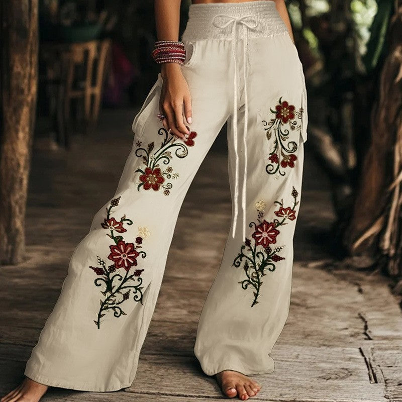 2026 European American Boho  Wide Leg Pants Women Elastic Drawstring High Waist Casual Trousers With Pockets