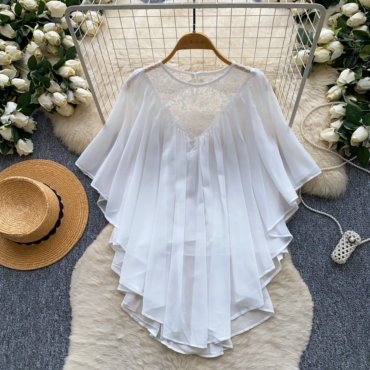 Women's Solid Color French Gentle Lace Chiffon Patchwork Shirt