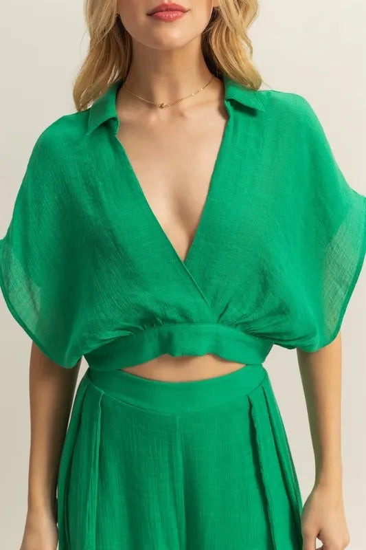 HYFVE Kimono Sleeve Crop Top and Wide Leg Pants Set